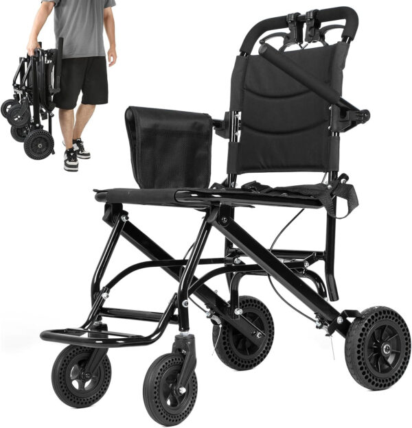 WICHEMI Lightweight Transport Wheelchair for Adults, Weight Only 17.4lbs, Portable Travel Wheelchair with Handbrake, Support 220lbs, Foldable Transport Wheel Chair for Elderly.