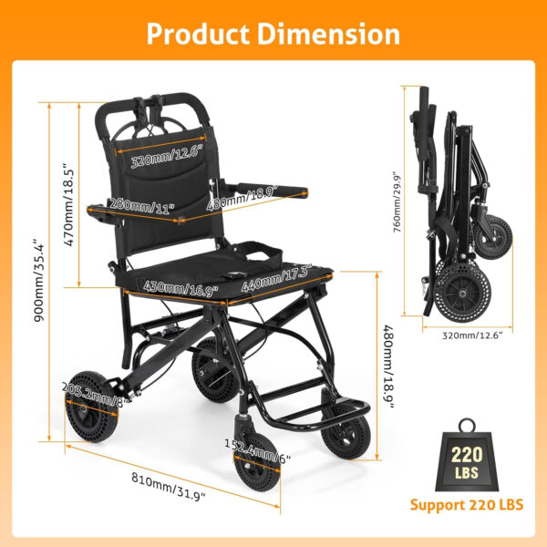 WICHEMI Lightweight Transport Wheelchair for Adults, Weight Only 17.4lbs, Portable Travel Wheelchair with Handbrake, Support 220lbs, Foldable Transport Wheel Chair for Elderly.