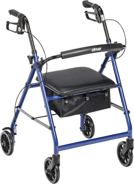 Drive Medical Aluminum Rollator Walker Fold Up and Removable Back Support, Padded Seat, 6″ Wheels, Blue,R726BL