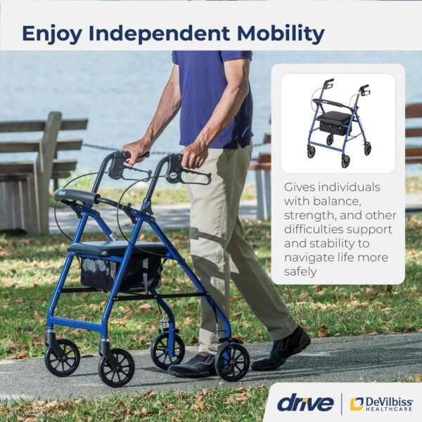 Drive Medical Aluminum Rollator Walker Fold Up and Removable Back Support, Padded Seat, 6″ Wheels, Blue,R726BL