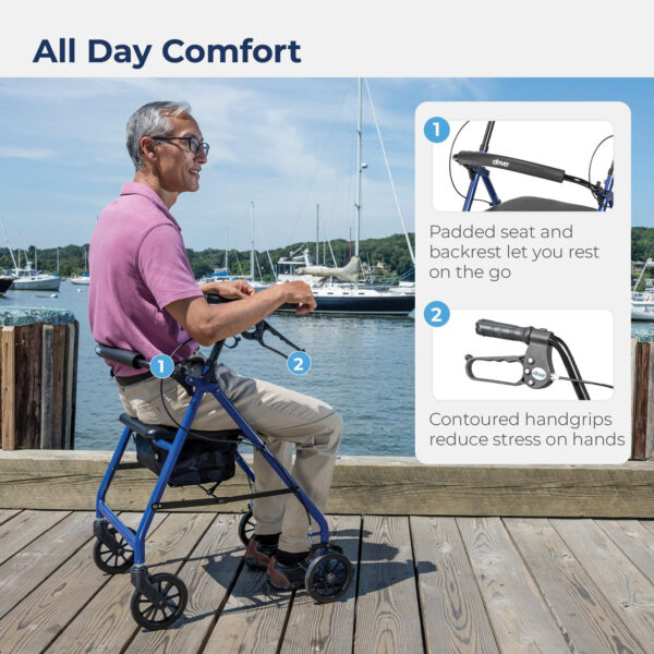 Drive Medical Aluminum Rollator Walker Fold Up and Removable Back Support, Padded Seat, 6″ Wheels, Blue,R726BL