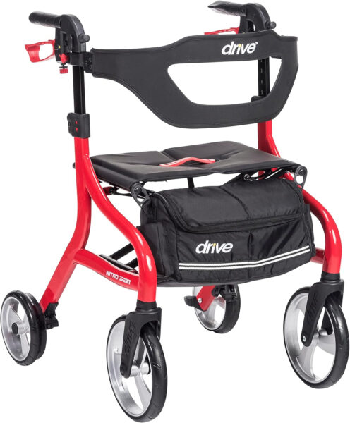 Drive Medical Nitro Sprint Foldable Rollator Walker with Seat, Standard Height Lightweight Rollator with Large Wheels, Folding Rolling Walker, Walker Rollator with Seat, Red