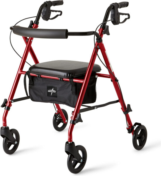 Medline Superlight Folding Aluminum Mobility Rollator Walker, Red, 250 lb. Weight Capacity, 6″ Wheels, Adjustable Arms and Seat, Foldable Rolling Walker for Seniors