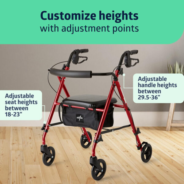 Medline Superlight Folding Aluminum Mobility Rollator Walker, Red, 250 lb. Weight Capacity, 6″ Wheels, Adjustable Arms and Seat, Foldable Rolling Walker for Seniors