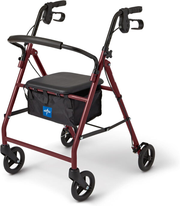 Medline Steel Rollator Walker for Adult Mobility Impairment, Burgundy, 350 lb. Weight Capacity, 6” Wheels, Foldable, Adjustable Handles, Rolling Walker for Seniors