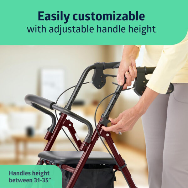 Medline Steel Rollator Walker for Adult Mobility Impairment, Burgundy, 350 lb. Weight Capacity, 6” Wheels, Foldable, Adjustable Handles, Rolling Walker for Seniors