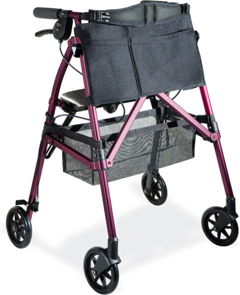 Stander Wonder Rollator Plus, Lightweight Folding Mobility Rolling Walker, EZ Fold-N-Go Rollator for Seniors and Adults, 6-inch Wheels, Locking Brakes, and Padded Seat with Backrest, Regal Rose