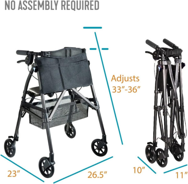 Stander Wonder Rollator Plus, Lightweight Folding Mobility Rolling Walker, EZ Fold-N-Go Rollator for Seniors and Adults, 6-inch Wheels, Locking Brakes, and Padded Seat with Backrest, Regal Rose