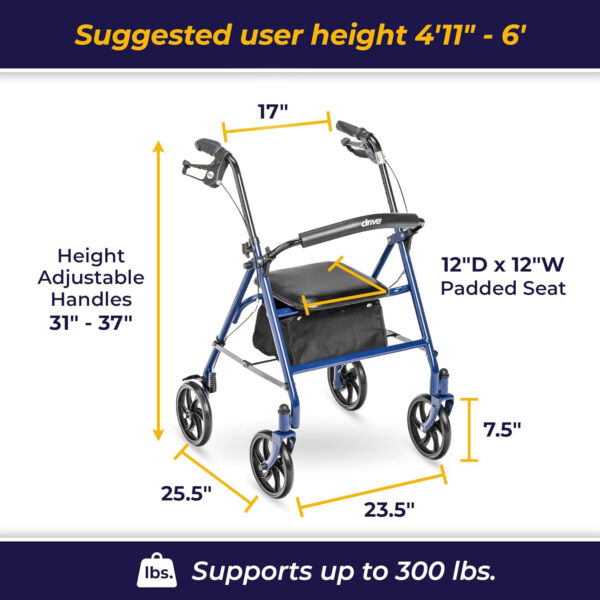 Drive Medical 10257BL-1 4 Wheel Rollator Walker With Seat, Steel Rolling Walker, Height Adjustable, 7.5″ Wheels, Removable Back Support, 300 Pound Weight Capacity, Blue