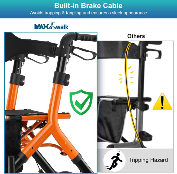 Rollator Walker with Seat, Tall Walkers for Seniors, 12″ Big Rubber Wheels All Terrain Rollator Walker with Backrest, Built-in Cable, Foldable and Dual Adjustable Height for 5.3-7ft, Orange