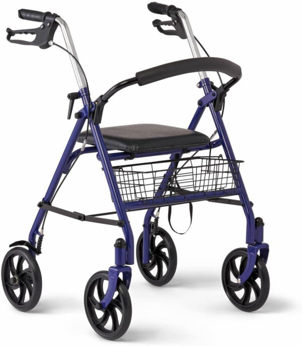 Medline Steel Rollator Walker with Seat, Blue, 300 lb. Weight Capacity, 8” Wheels, Foldable, Adjustable Handles, Rollator Walker for Seniors, Rolling Walker for Mobility Impairment