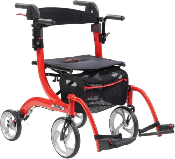 Drive Medical Nitro Dual Function Transport Wheelchair and Rollator Rolling Walker Combo with Hand Activated Brakes and Back Support, Red