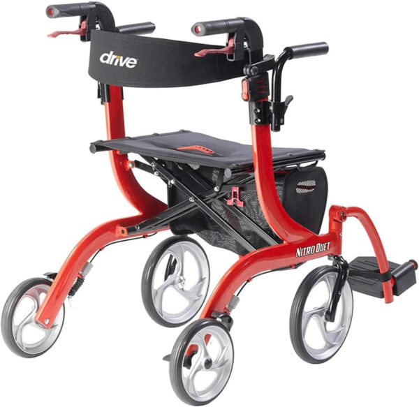 Drive Medical Nitro Dual Function Transport Wheelchair and Rollator Rolling Walker Combo with Hand Activated Brakes and Back Support, Red