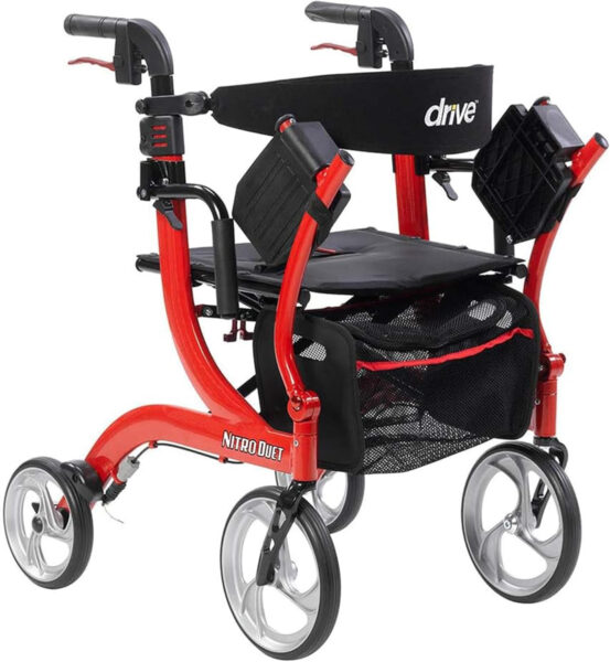 Drive Medical Nitro Dual Function Transport Wheelchair and Rollator Rolling Walker Combo with Hand Activated Brakes and Back Support, Red