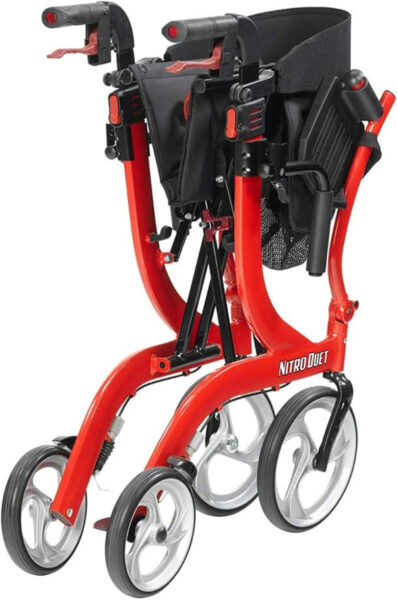 Drive Medical Nitro Dual Function Transport Wheelchair and Rollator Rolling Walker Combo with Hand Activated Brakes and Back Support, Red