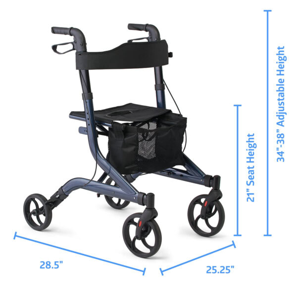 Medline Aluminum European Style Foldable Rollator with Backrest, 300 lbs. Capacity, Navy — For Foot & Leg Injuries & Post-Surgery, 1 Ct.