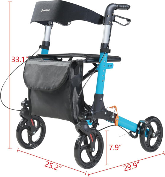 Panana Heavy Duty Rollator Walker for Seniors and Adults, Foldable Rollator with Seat Padded Backrest, Height Adjustment Folding Walking Aid (Blue)