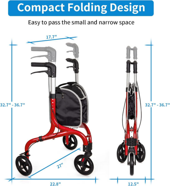 Planetwalk Premium 3 Wheel Rollator Walker for Seniors – Ultra Lightweight Foldable Walker for Elderly, Aluminum Three Wheel Mobility Aid, Brilliant Red