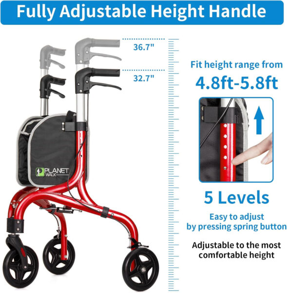 Planetwalk Premium 3 Wheel Rollator Walker for Seniors – Ultra Lightweight Foldable Walker for Elderly, Aluminum Three Wheel Mobility Aid, Brilliant Red