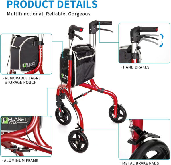 Planetwalk Premium 3 Wheel Rollator Walker for Seniors – Ultra Lightweight Foldable Walker for Elderly, Aluminum Three Wheel Mobility Aid, Brilliant Red