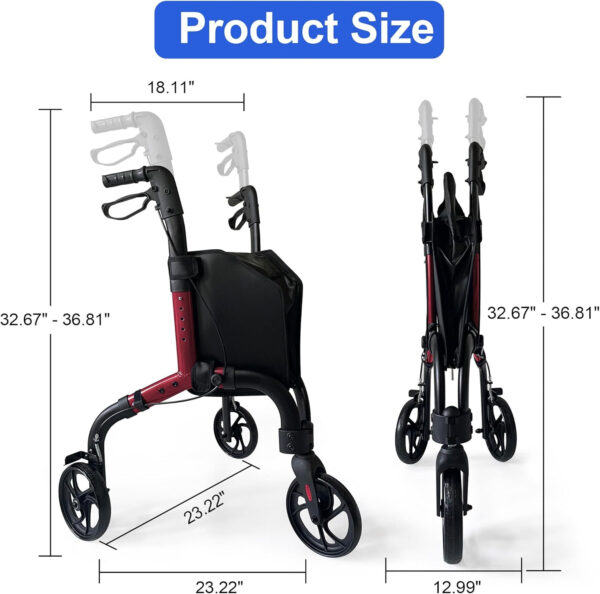 Premium 3 Wheel Rollator Walker for Seniors, Lightweight Foldable Elderly Three Wheeled Rollator with Storage Bag, Aluminum Mobility Aid Rolling Walker (Black & Red)