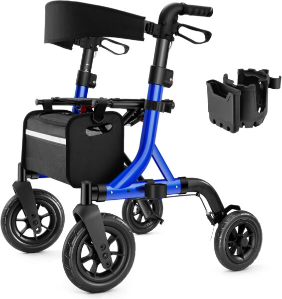 Walkers for Seniors, Rollator Walker with Seat, 10″ Rubber Wheels All Terrain Rollator Walker with Backrest, Aluminum Walkers Built-in Cable, Foldable and Adjustable Height for Seniors, Blue