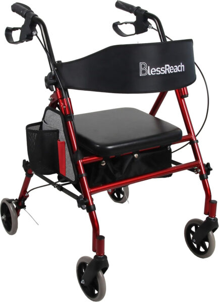 Rollator Walker with Seat, Steel Rolling Walker with 6-inch Wheels Supports up to 350 lbs, Medical Walker, Red