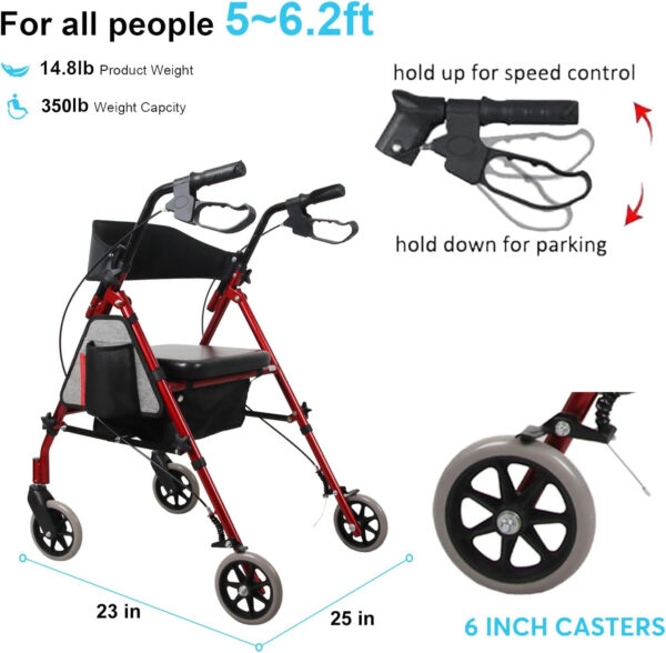 Rollator Walker with Seat, Steel Rolling Walker with 6-inch Wheels Supports up to 350 lbs, Medical Walker, Red