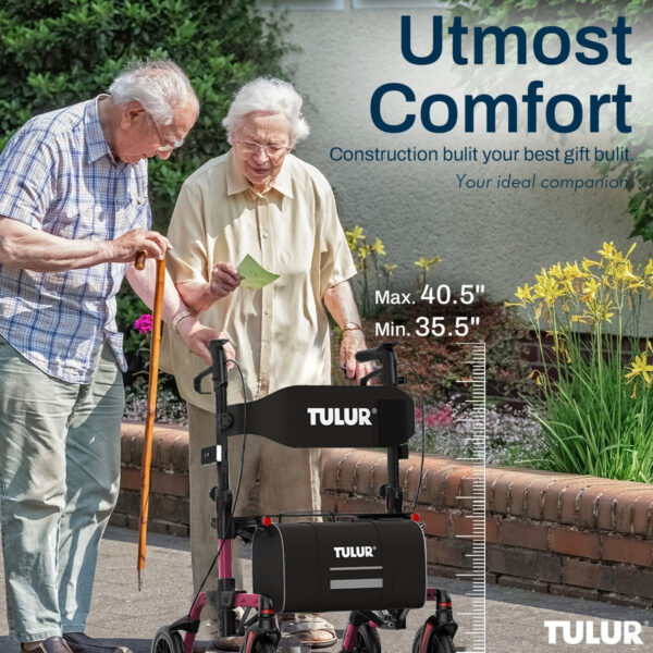 All Terrain Rollator Walkers with Seat and Brakes – TULUR Ultra Foldable Rolling Walker for Seniors with Light, Smooth 4 Wheel Walker No Assembly for All-Surfaces (Red)