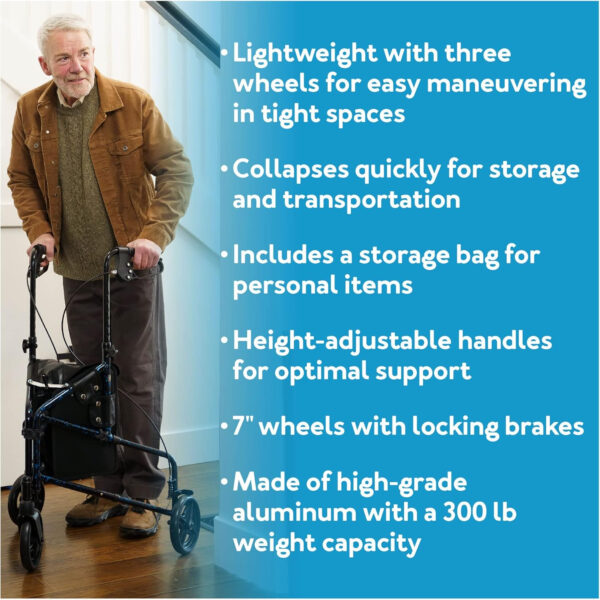 Carex 3 Wheel Walker for Seniors, Foldable, Rollator Walker with Three Wheels, Trio Walker with Height Adjustable Handles, Walker with Wheels, Folding Walker with Wheels.