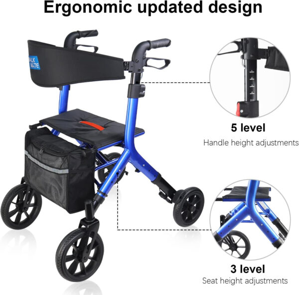 Rollator Walker for Seniors Taller 5.3~7ft with Height-Adjustable Seat, 10 Inch Wheels Wire-Hidden Walkers Compact Folding Design Lightweight Mobility Walking Aid Widen Backrest, Blue