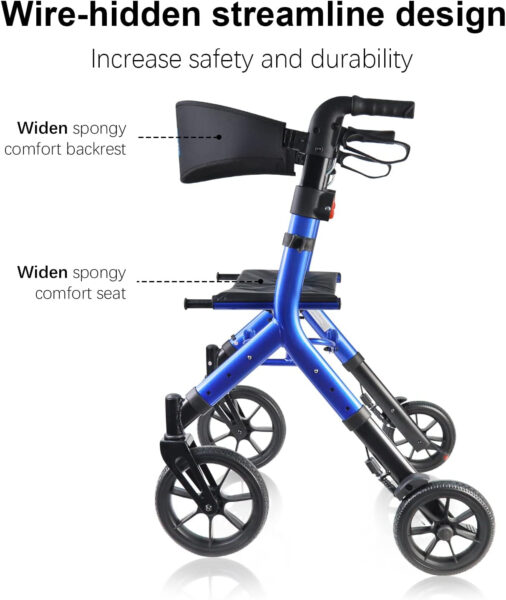 Rollator Walker for Seniors Taller 5.3~7ft with Height-Adjustable Seat, 10 Inch Wheels Wire-Hidden Walkers Compact Folding Design Lightweight Mobility Walking Aid Widen Backrest, Blue