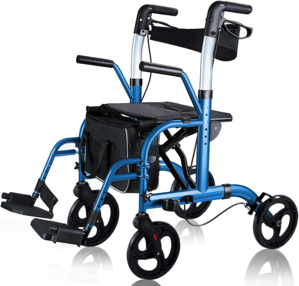 WINLOVE 2 in 1 Rollator Walkers for Seniors with Padded Seat- Medical Transport Chair Walker with Adjustable Handle and Reversible Backrest (Blue)