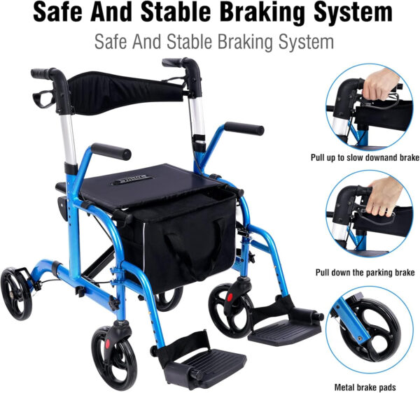 WINLOVE 2 in 1 Rollator Walkers for Seniors with Padded Seat- Medical Transport Chair Walker with Adjustable Handle and Reversible Backrest (Blue)