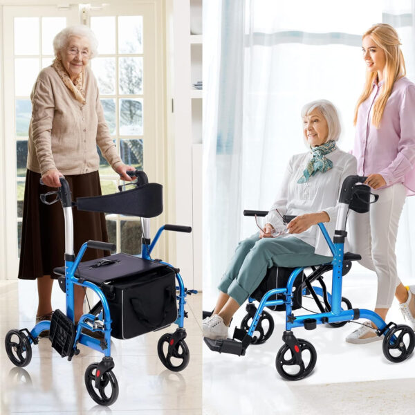 WINLOVE 2 in 1 Rollator Walkers for Seniors with Padded Seat- Medical Transport Chair Walker with Adjustable Handle and Reversible Backrest (Blue)