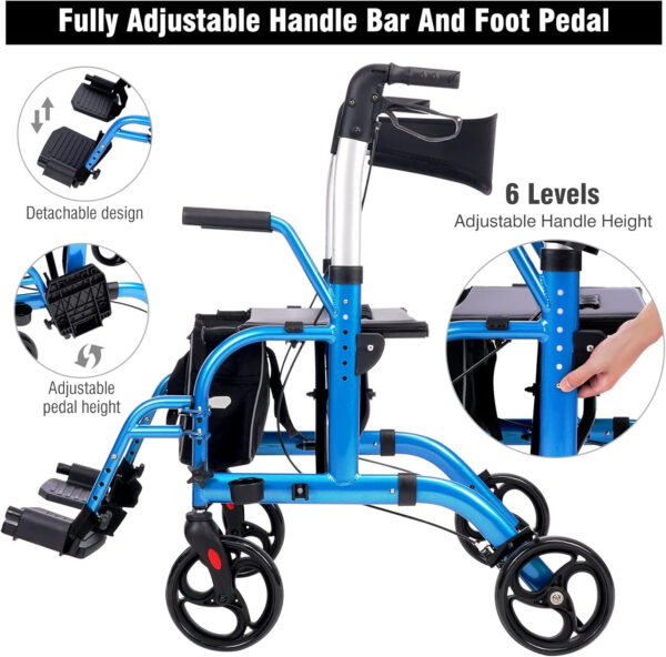 WINLOVE 2 in 1 Rollator Walkers for Seniors with Padded Seat- Medical Transport Chair Walker with Adjustable Handle and Reversible Backrest (Blue)