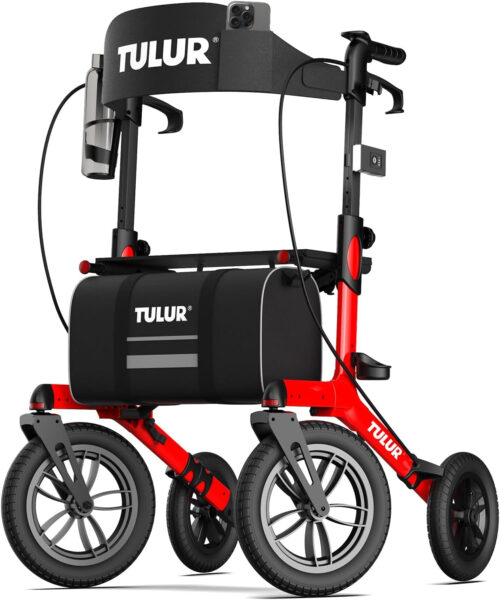 TULUR All Terrain Rollator Walker for Seniors,Outdoor Rollator Walker with 12″ Wheels, Lightweight Walker with Lights,Cup Holder, Comfort on Grass,Snow,Rough,Floors andador para adultos mayores