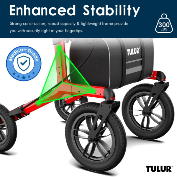 TULUR All Terrain Rollator Walker for Seniors,Outdoor Rollator Walker with 12″ Wheels, Lightweight Walker with Lights,Cup Holder, Comfort on Grass,Snow,Rough,Floors andador para adultos mayores