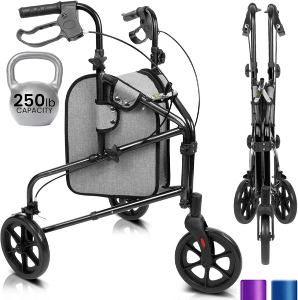 Vive Mobility 3 Wheel Walker – Three Wheeled Rollator for Seniors – Lightweight, Foldable, Narrow, Heavy Duty – for Elderly Men Women – Folding 3-Wheel Tri Scooter with Basket Bag (FSA HSA Approved)