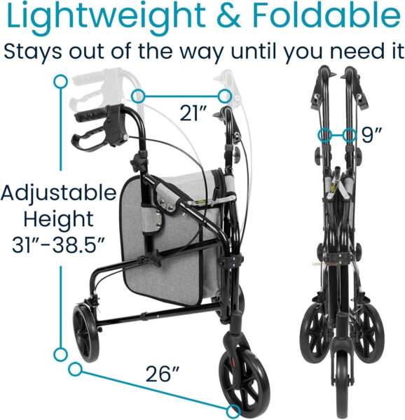 Vive Mobility 3 Wheel Walker – Three Wheeled Rollator for Seniors – Lightweight, Foldable, Narrow, Heavy Duty – for Elderly Men Women – Folding 3-Wheel Tri Scooter with Basket Bag (FSA HSA Approved)