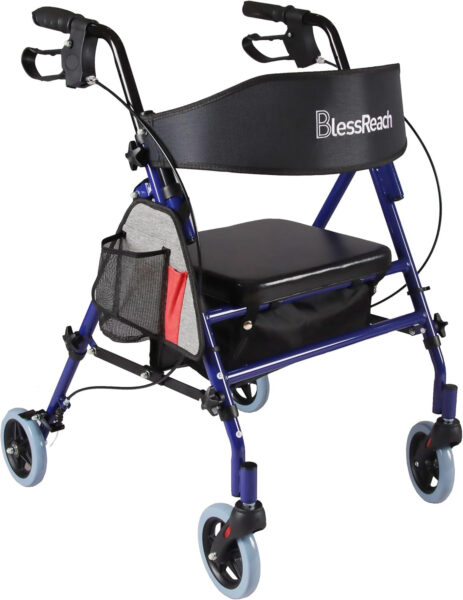 Rollator Walker with Seat, Steel Rolling Walker with 6-inch Wheels Supports up to 350 lbs, Medical Walker, Blue