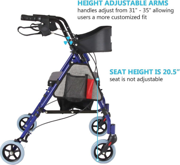 Rollator Walker with Seat, Steel Rolling Walker with 6-inch Wheels Supports up to 350 lbs, Medical Walker, Blue