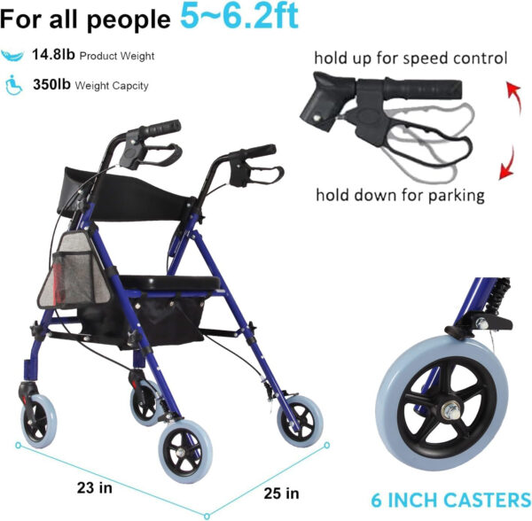 Rollator Walker with Seat, Steel Rolling Walker with 6-inch Wheels Supports up to 350 lbs, Medical Walker, Blue