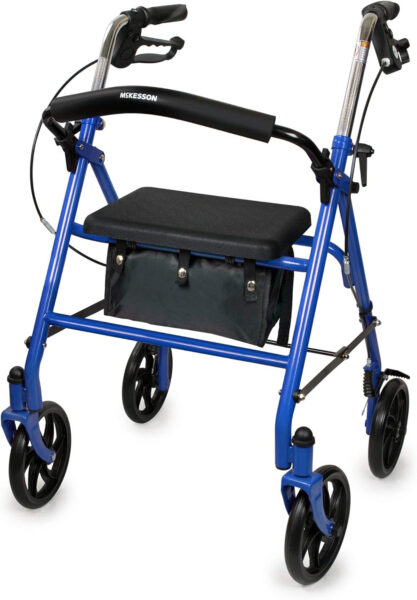 McKesson Rollator Walker with Seat and Wheels – Adjustment Knob, Folding Storage, Steel, 300 lbs Weight Capacity – Blue, 1 Count