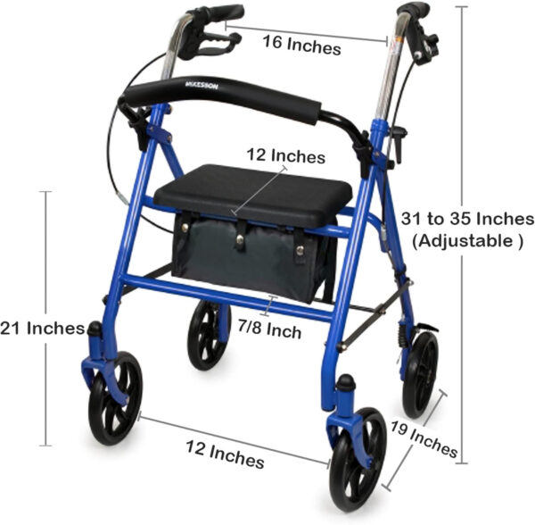 McKesson Rollator Walker with Seat and Wheels – Adjustment Knob, Folding Storage, Steel, 300 lbs Weight Capacity – Blue, 1 Count