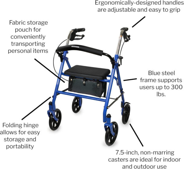 McKesson Rollator Walker with Seat and Wheels – Adjustment Knob, Folding Storage, Steel, 300 lbs Weight Capacity – Blue, 1 Count