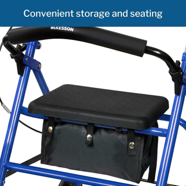 McKesson Rollator Walker with Seat and Wheels – Adjustment Knob, Folding Storage, Steel, 300 lbs Weight Capacity – Blue, 1 Count