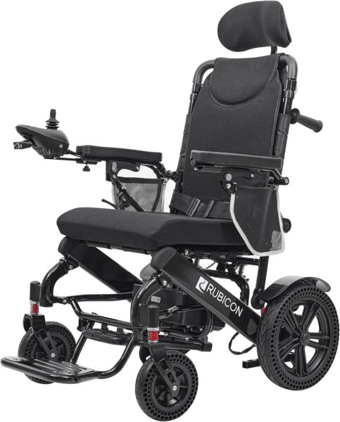 Rubicon DX11 – Reclining Foldable Electric Wheelchairs for Adults – Longest Range 25 Miles of Freedom: Airline Approved Deluxe Electric Wheelchair with Dual 12AH Lithium Batteries, 600W Motor (Black)