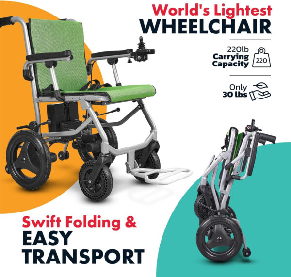 Rubicon DX04 – World Lightest (only 30lbs) Foldable Electric Wheelchair – Travel Size with Detachable Battery – Airline Approved – User Friendly – 10 mi Cruise Range (Model8)