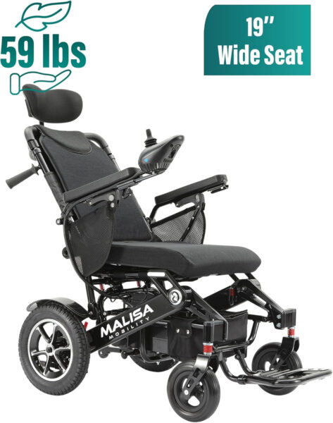 MALISA Electric Wheelchair, Foldable Lightweight All Terrain Power Wheelchairs for Adults, Auto Reclining Backrest, Motorized Wheel Chair, Lightweight All Terrain Wheelchairs (Black Frame)